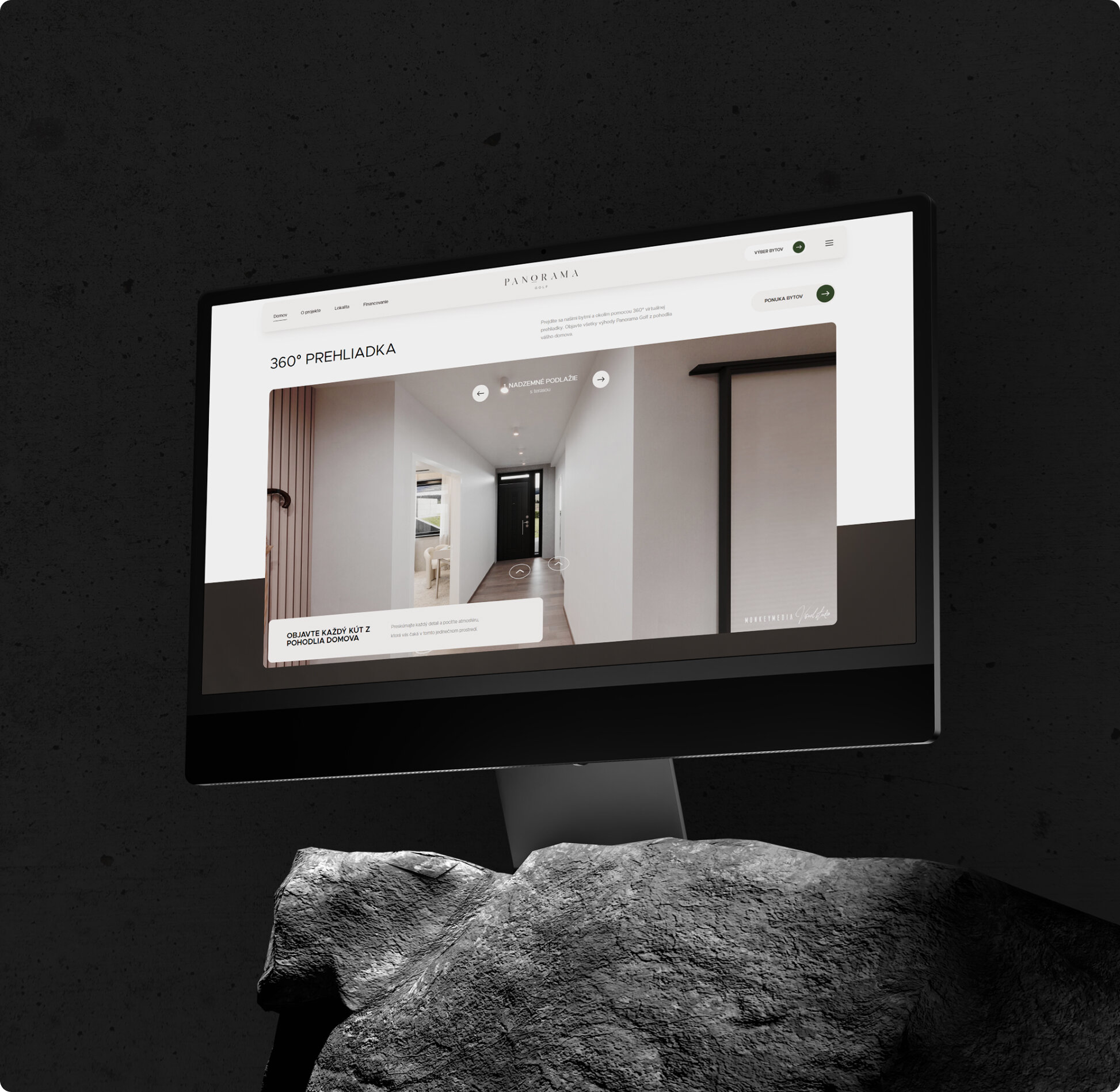 360° virtual tour of an apartment interior shown on a computer screen