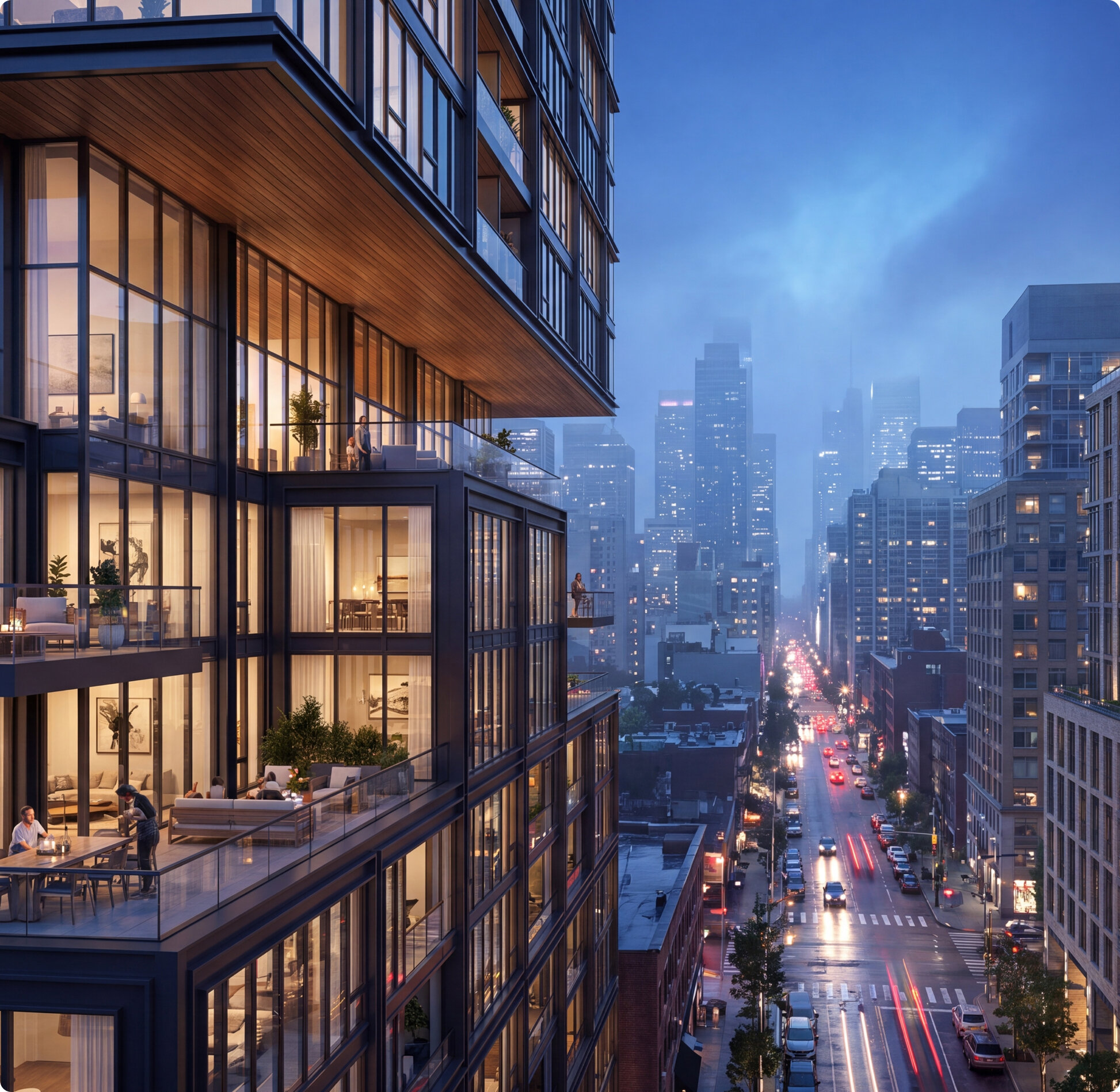 Night 3D animation of a glazed apartment terrace overlooking the city skyline
