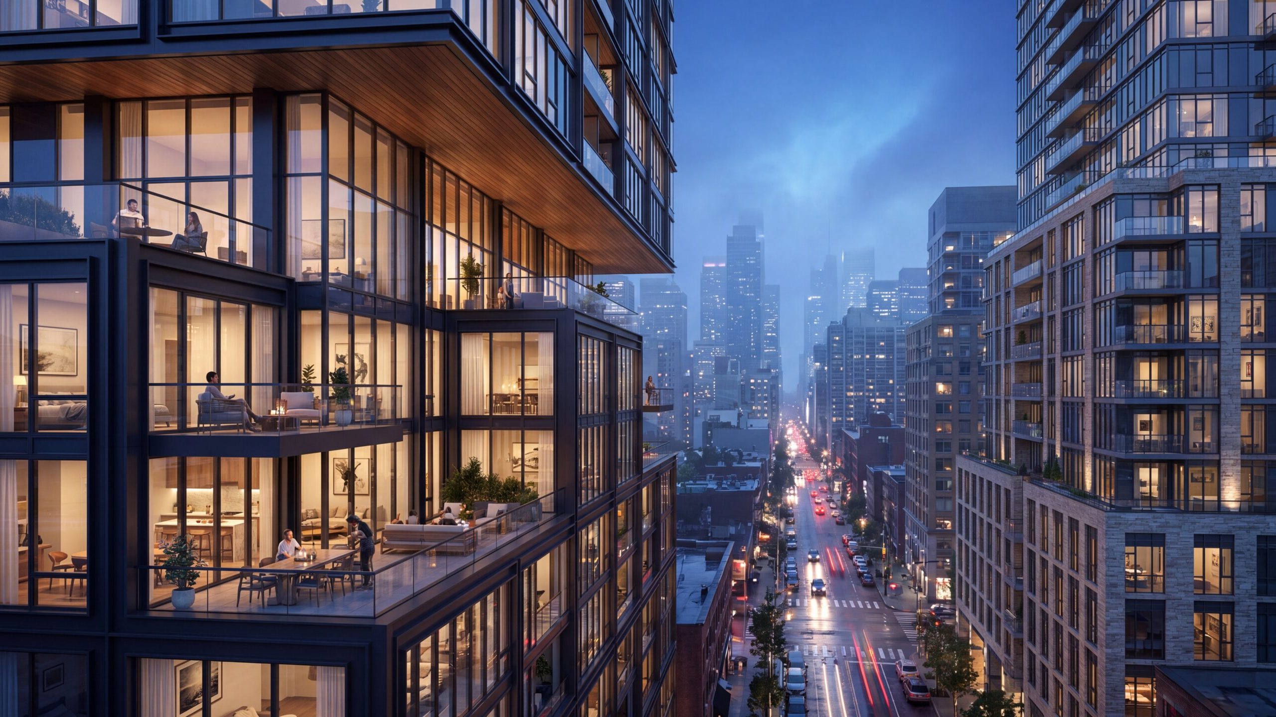 3D visualization of a night city skyline with the lit balconies of a residential tower