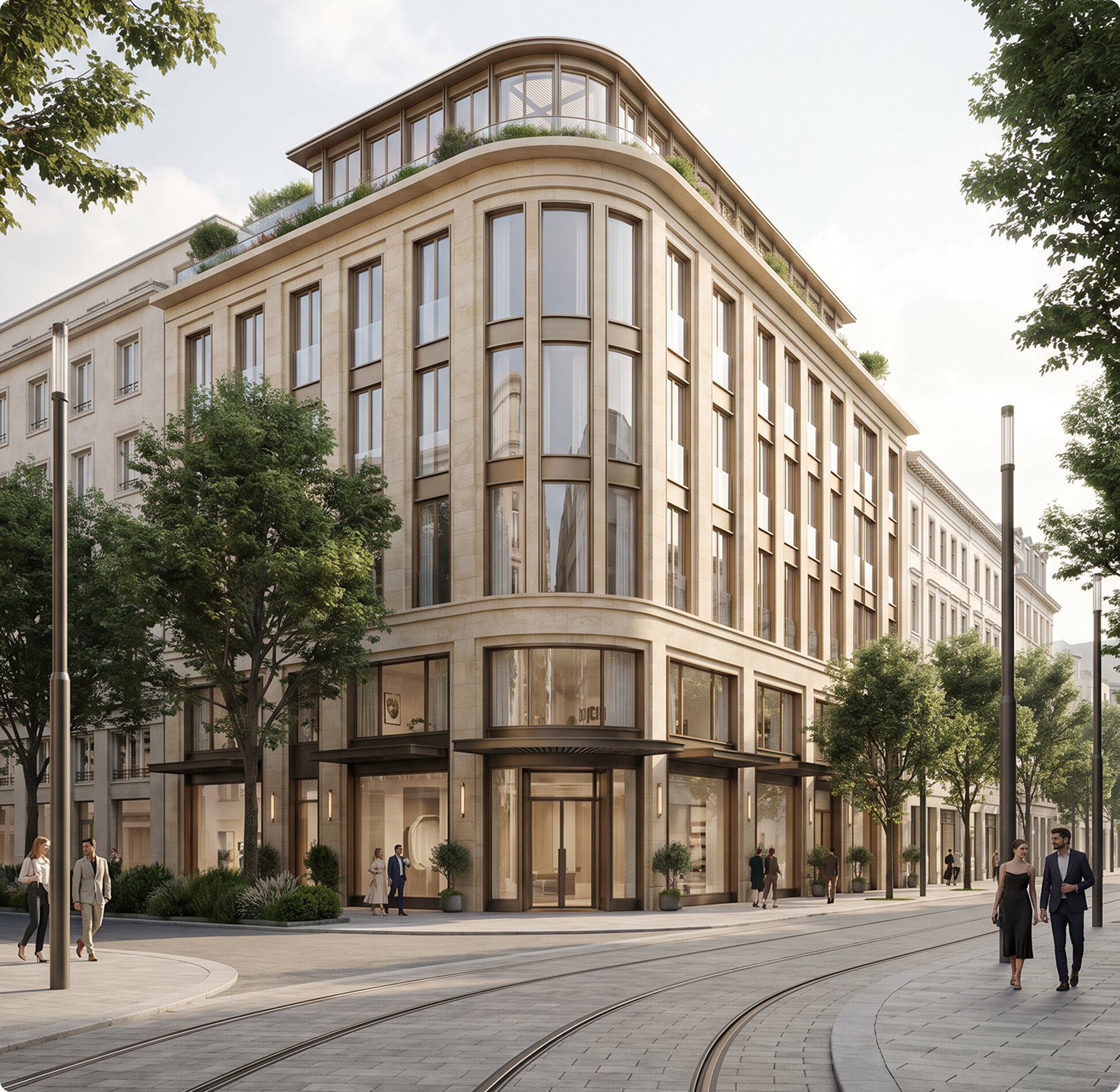 3D visualization of a corner building with a glazed facade on a city street