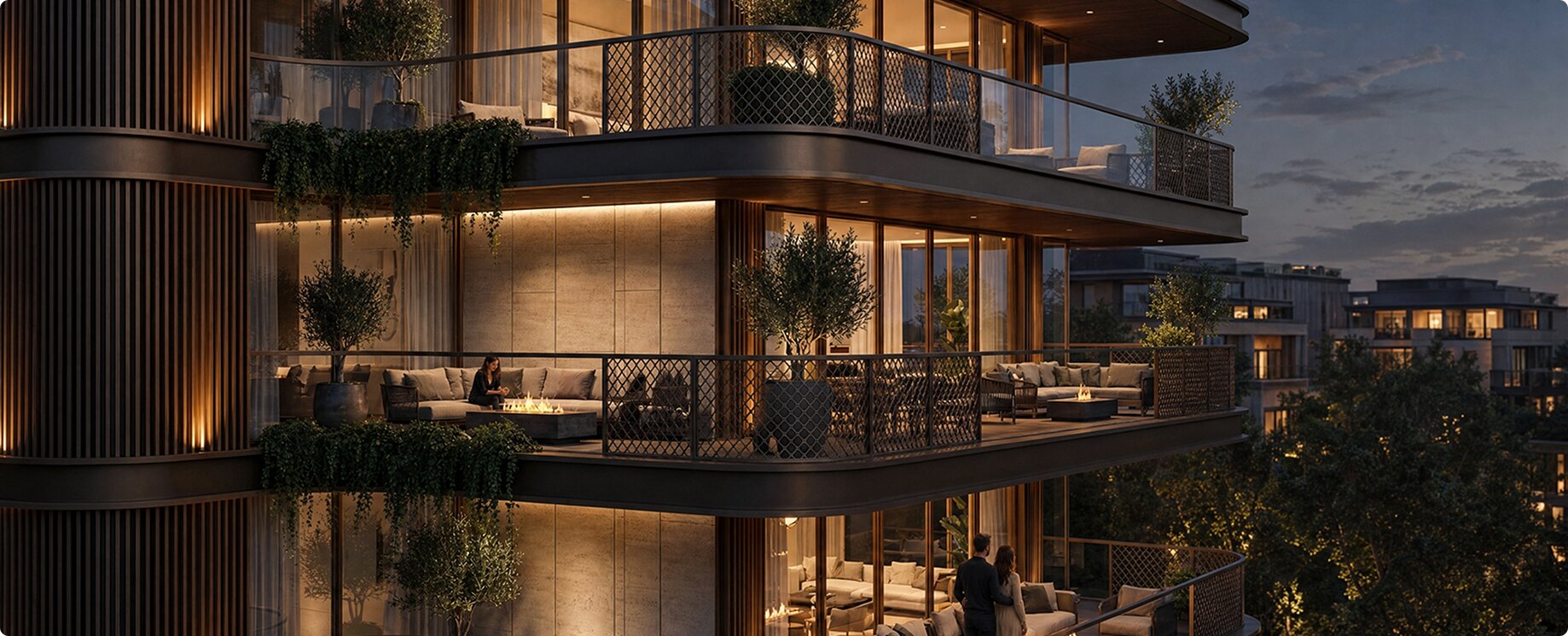 3D visualization of a luxury balcony in the evening overlooking the city