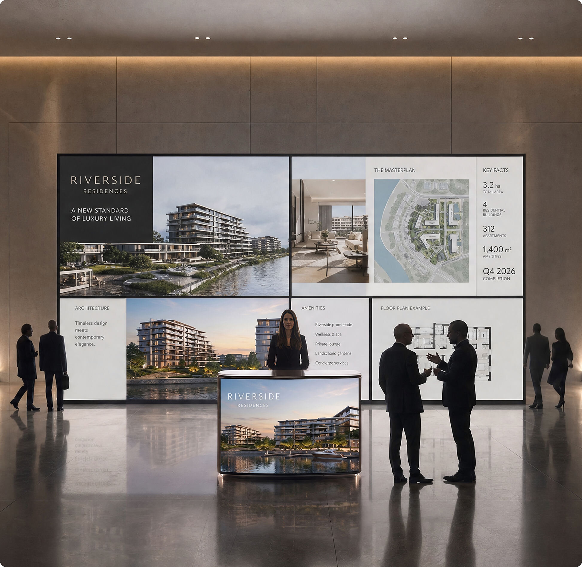 Large format LED wall presenting a residential project with an LED info counter in an event space