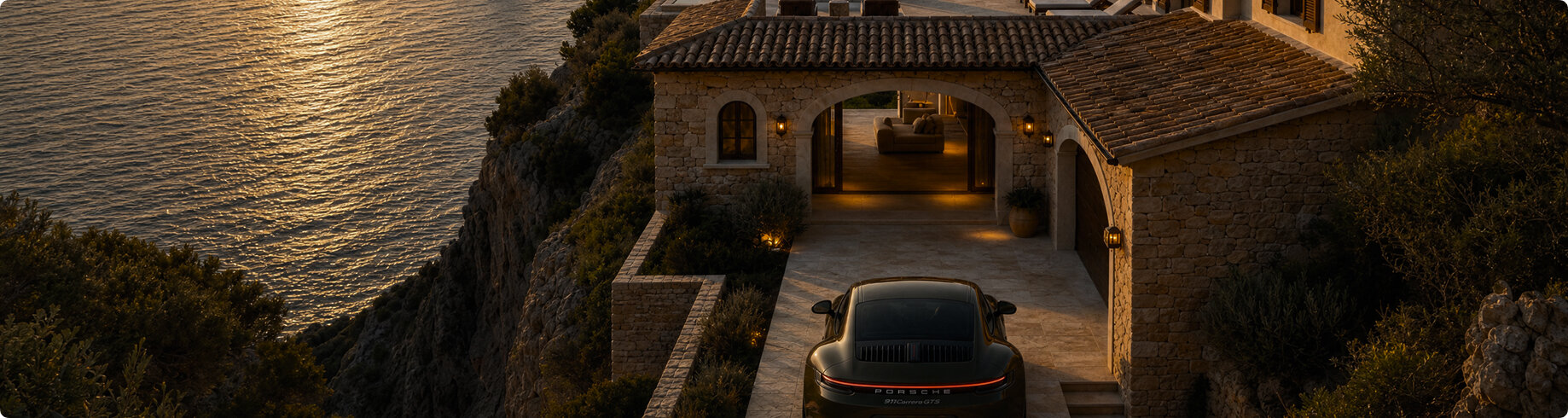 Visualization of a stone villa on a cliff above the sea with a lit interior at dusk
