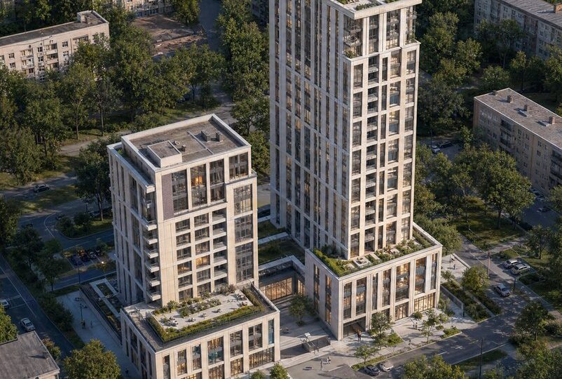 Aerial view of residential towers among greenery