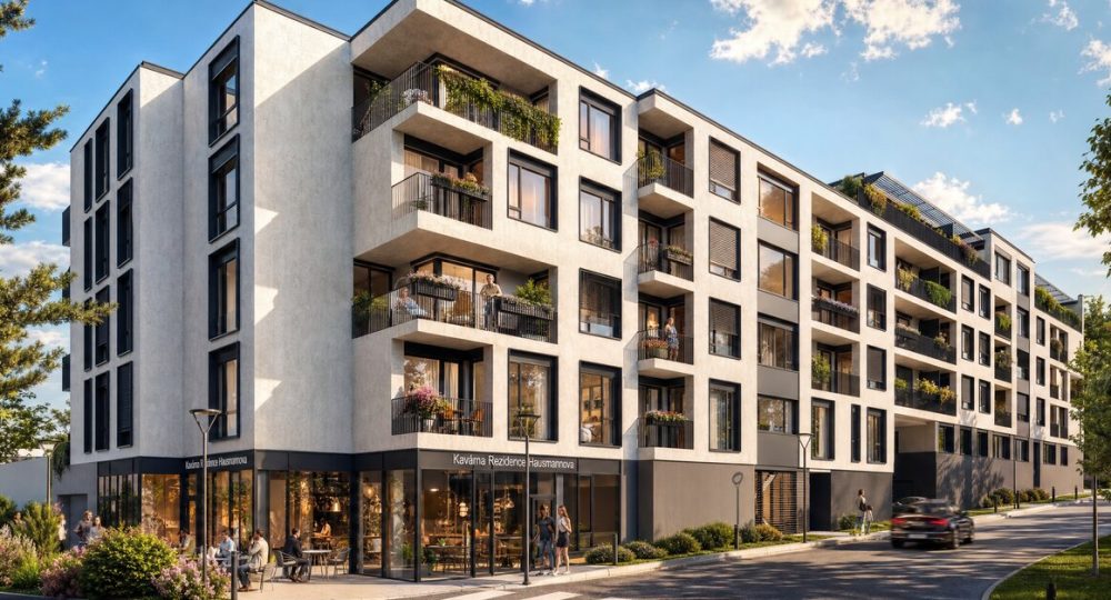 Apartment building with ground floor shops and a street