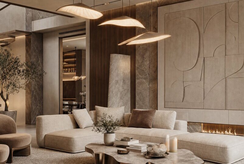 Bright living room interior in beige tones