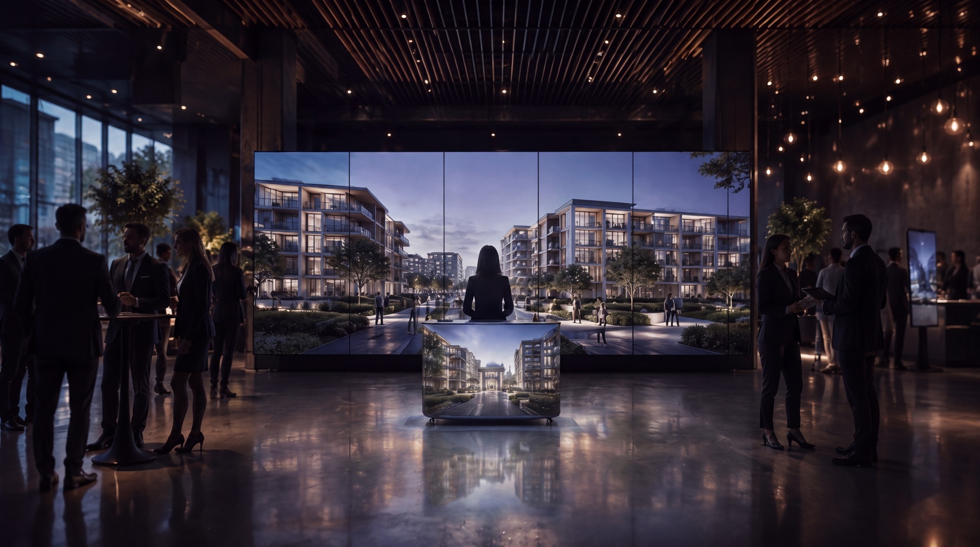 Darkened event hall with a large LED video wall showing a visualization of a residential project, guests in business attire and a branded LED counter in the centre of the space.