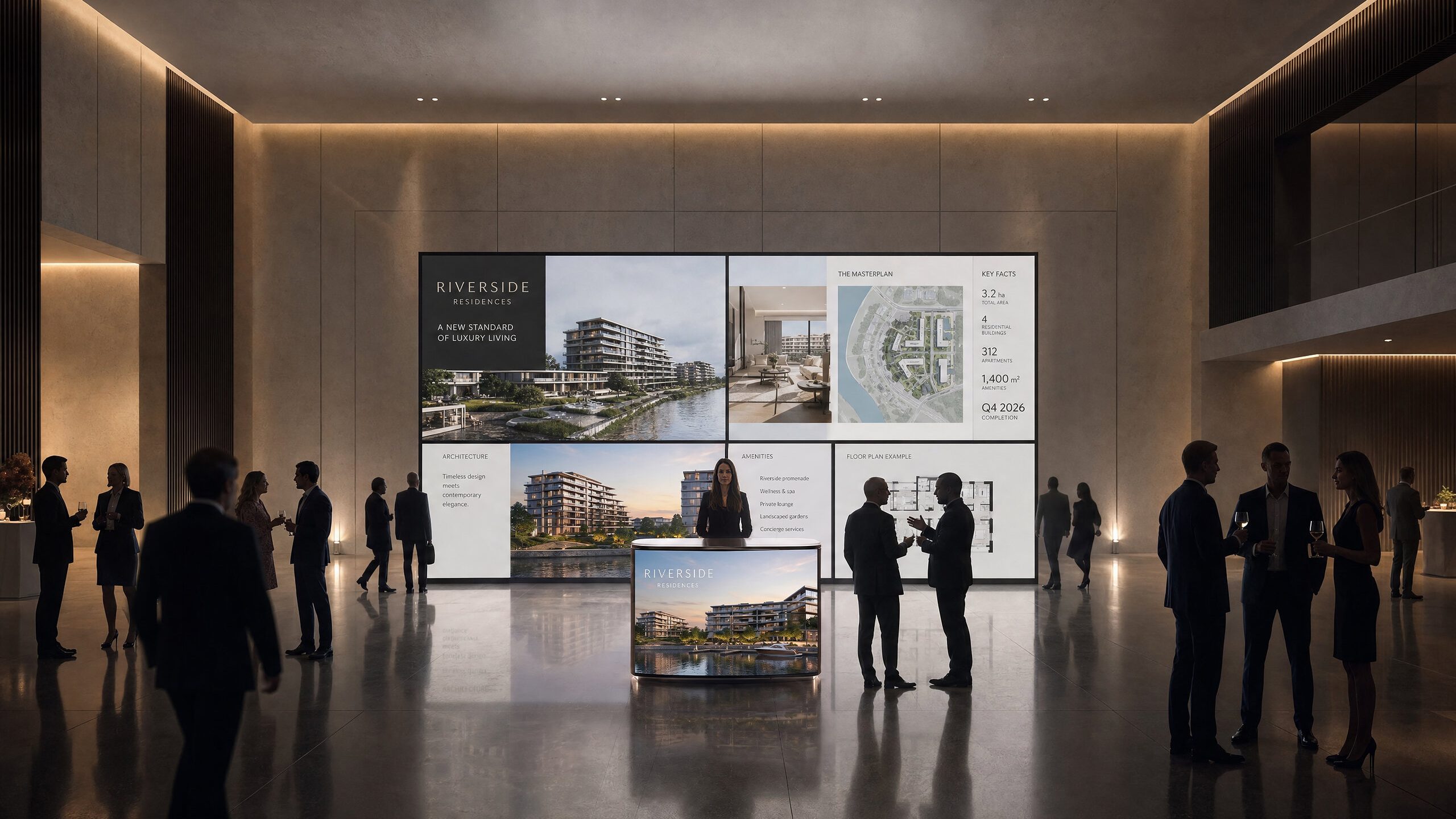 Large format LED video wall presenting a development project in a corporate hall, with a curved LED info counter and a host in front of it.