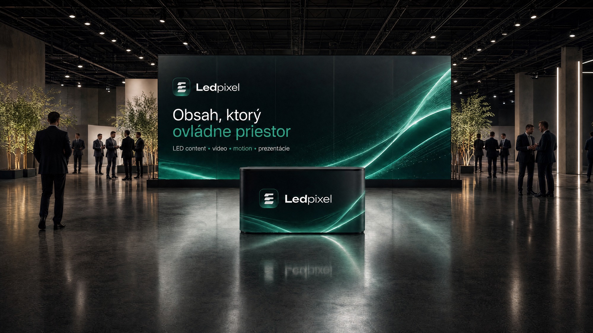 LED video wall at the Ledpixel exhibition stand with the headline Content that commands the space, a branded counter and visitors in suits in front of it.