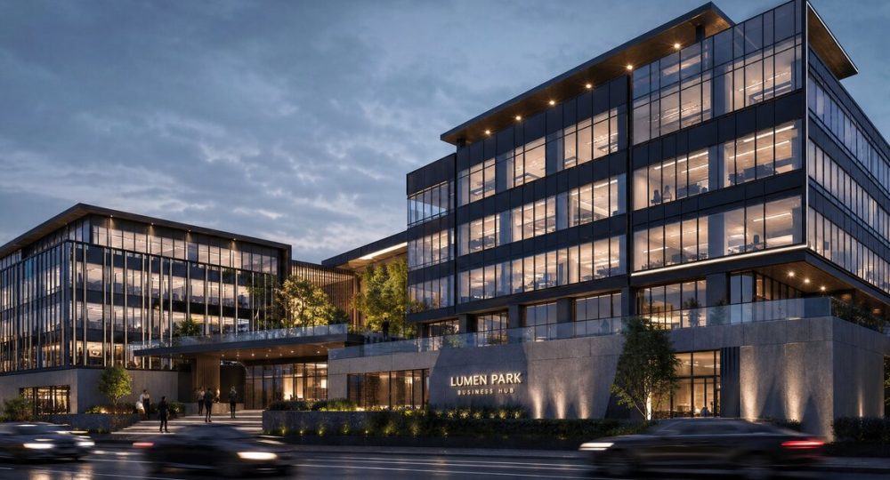 Lumen Park office building at dusk