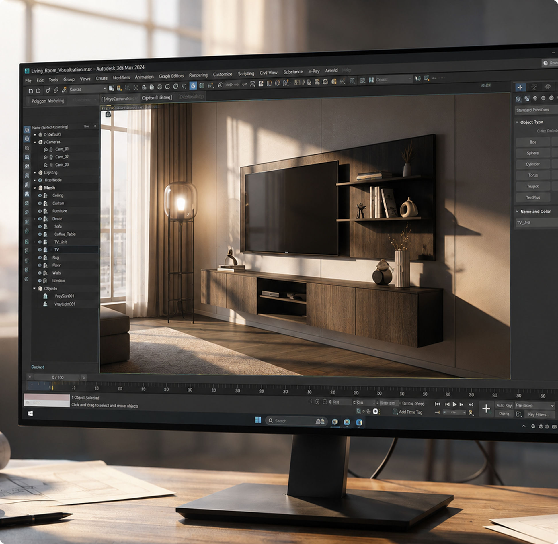 3D living room visualization open in 3ds Max on a studio monitor