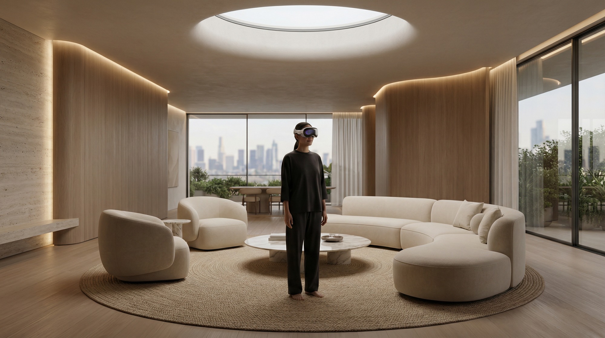 A woman wearing a VR headset stands in a bright modern living space with rounded furniture and a view of the city skyline.