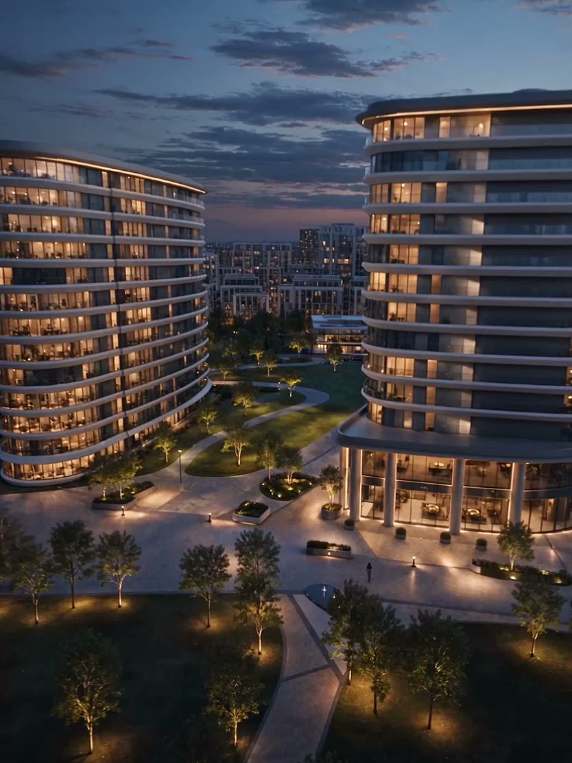 Aerial view of two residential towers with landscaped surroundings at sunset