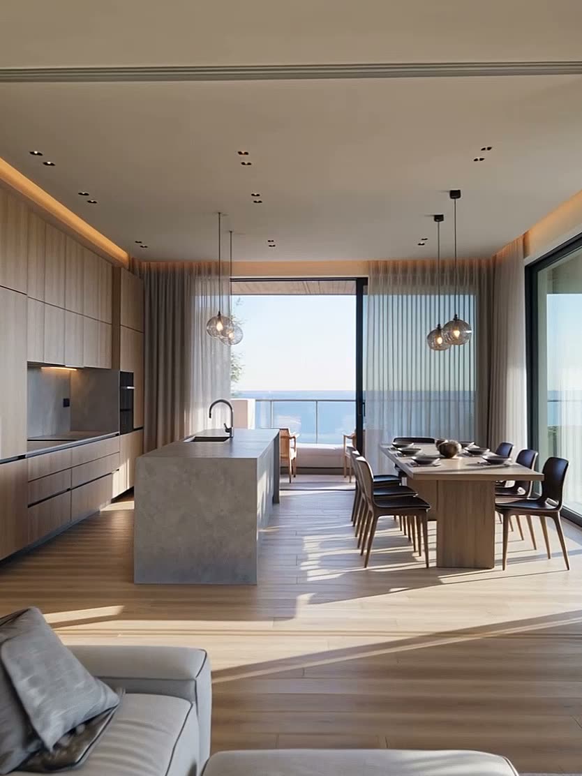 Interior walkthrough of a kitchen and dining area with a sea view