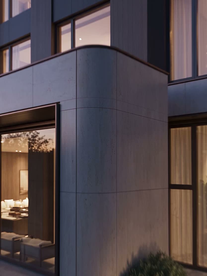 Close-up of a building facade in a 3D visualization for a marketing animation