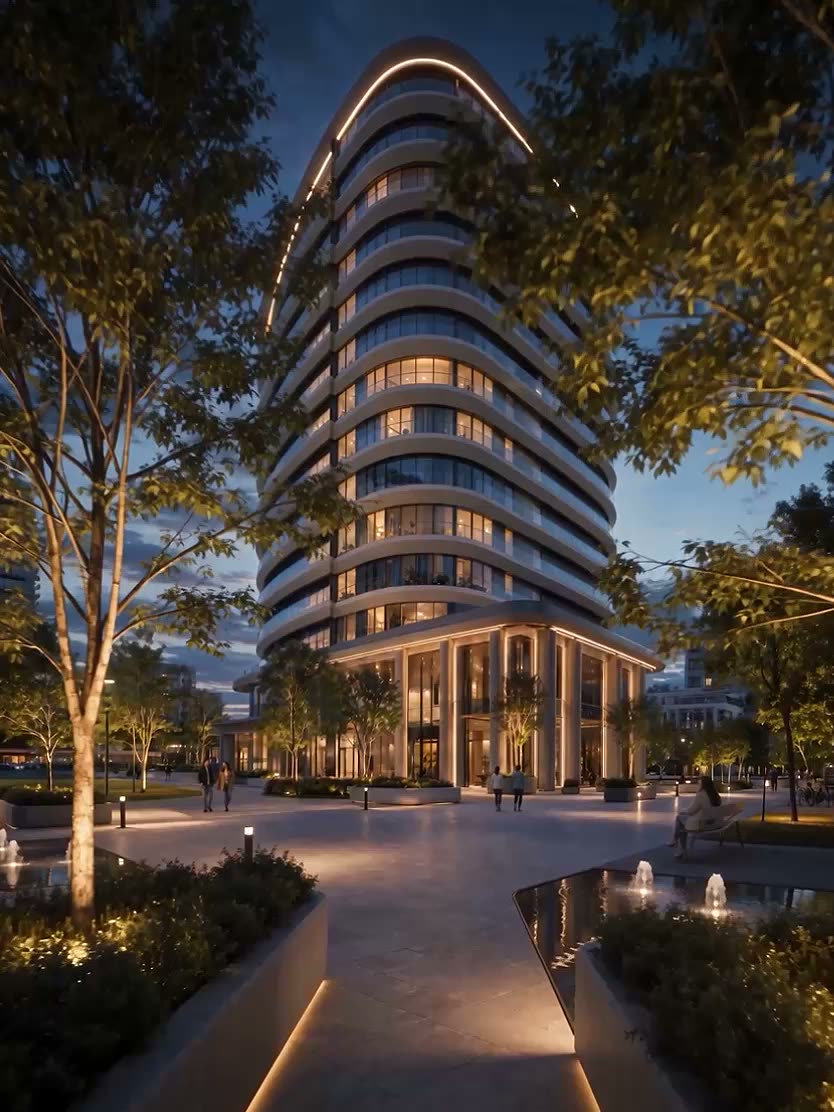 3D animation of a development project - night view of a building with lit balconies
