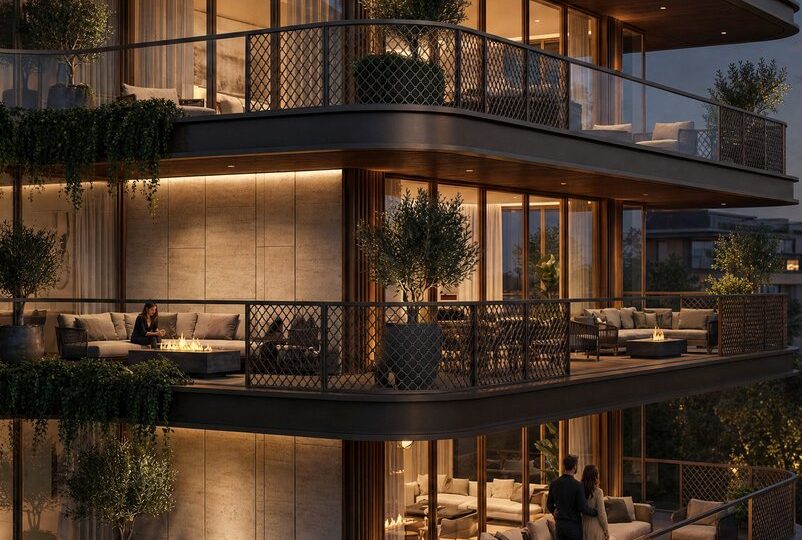 Terrace with seating and greenery in evening light