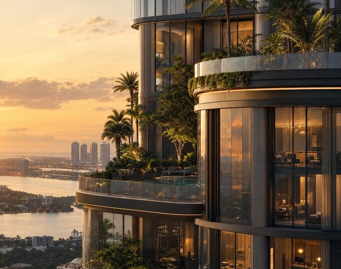 Skyscraper balconies at blue hour overlooking the city