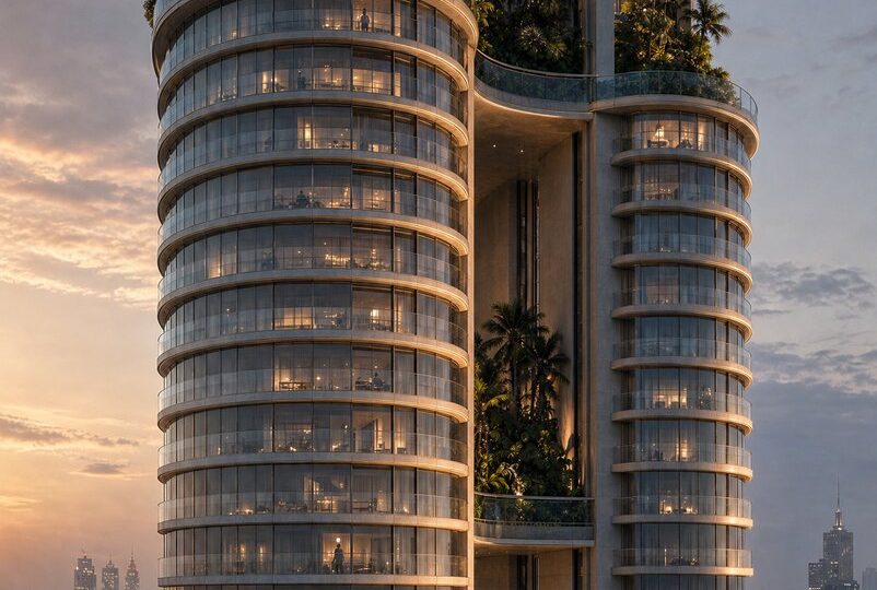 Close-up of a tower facade with glazed balconies in daylight