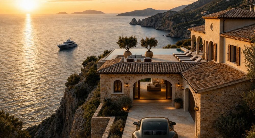 Coastal villa with the sun setting over the sea