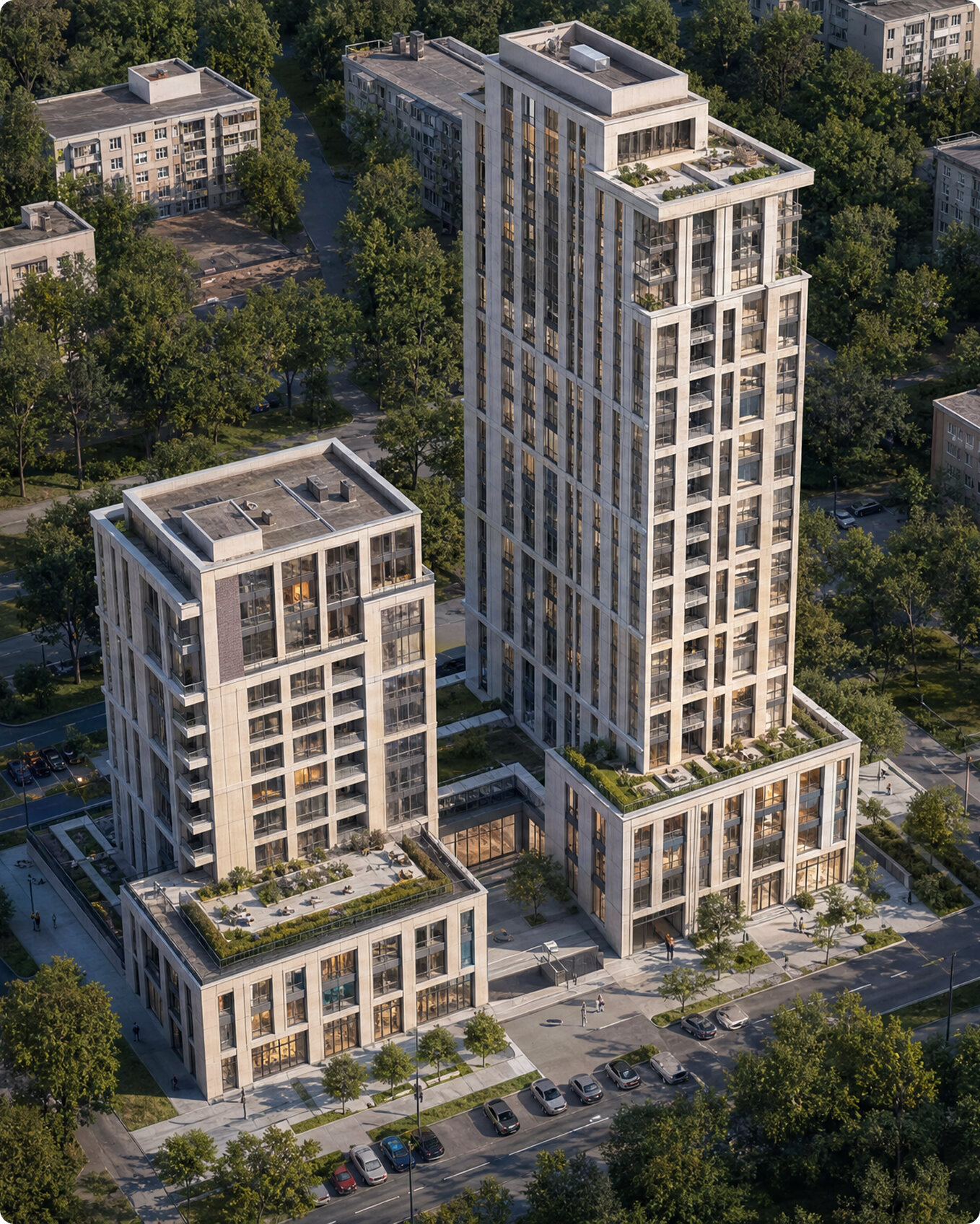 Photorealistic exterior visualization of a building set into its surroundings